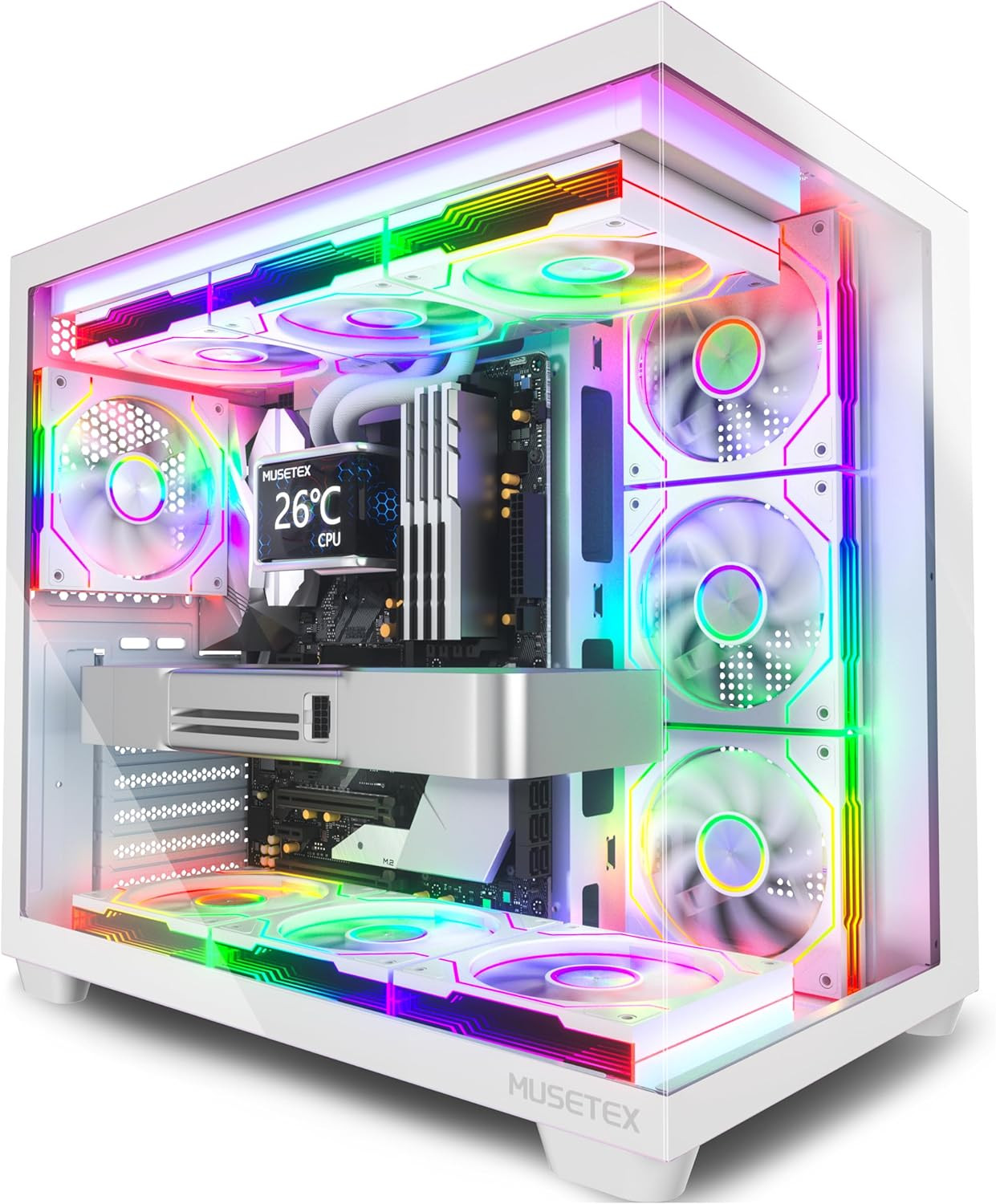 White Y6 ATX Mid Tower PC Case 7 ARGB PWM Fans Type-C Tempered Glass 270°