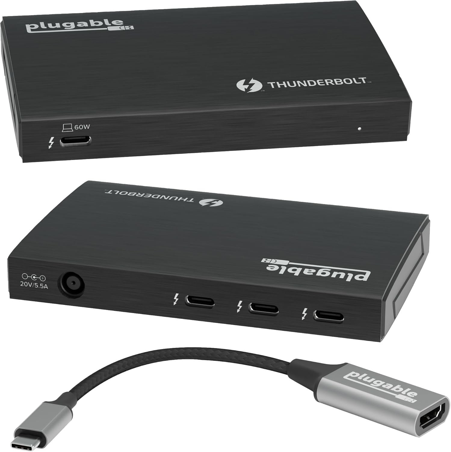 Plugable Thunderbolt 4 USB 4 3x USB-C 60W PD Charging TBT4-HUB3C Hub - Black