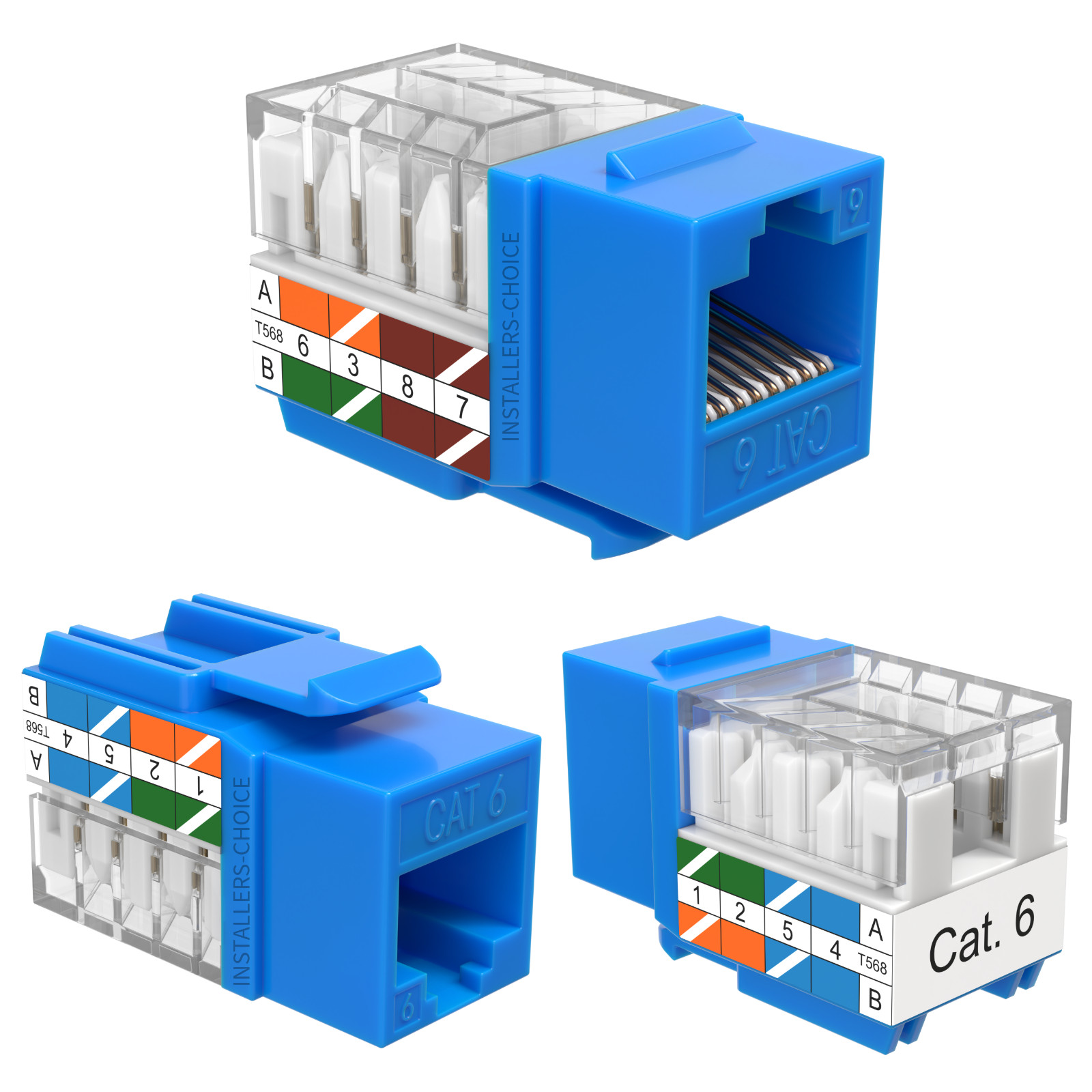 100 Pack Cat6 45° Angled Keystone Jack RJ45 110 Punchdown 8P8C Blue Ethernet