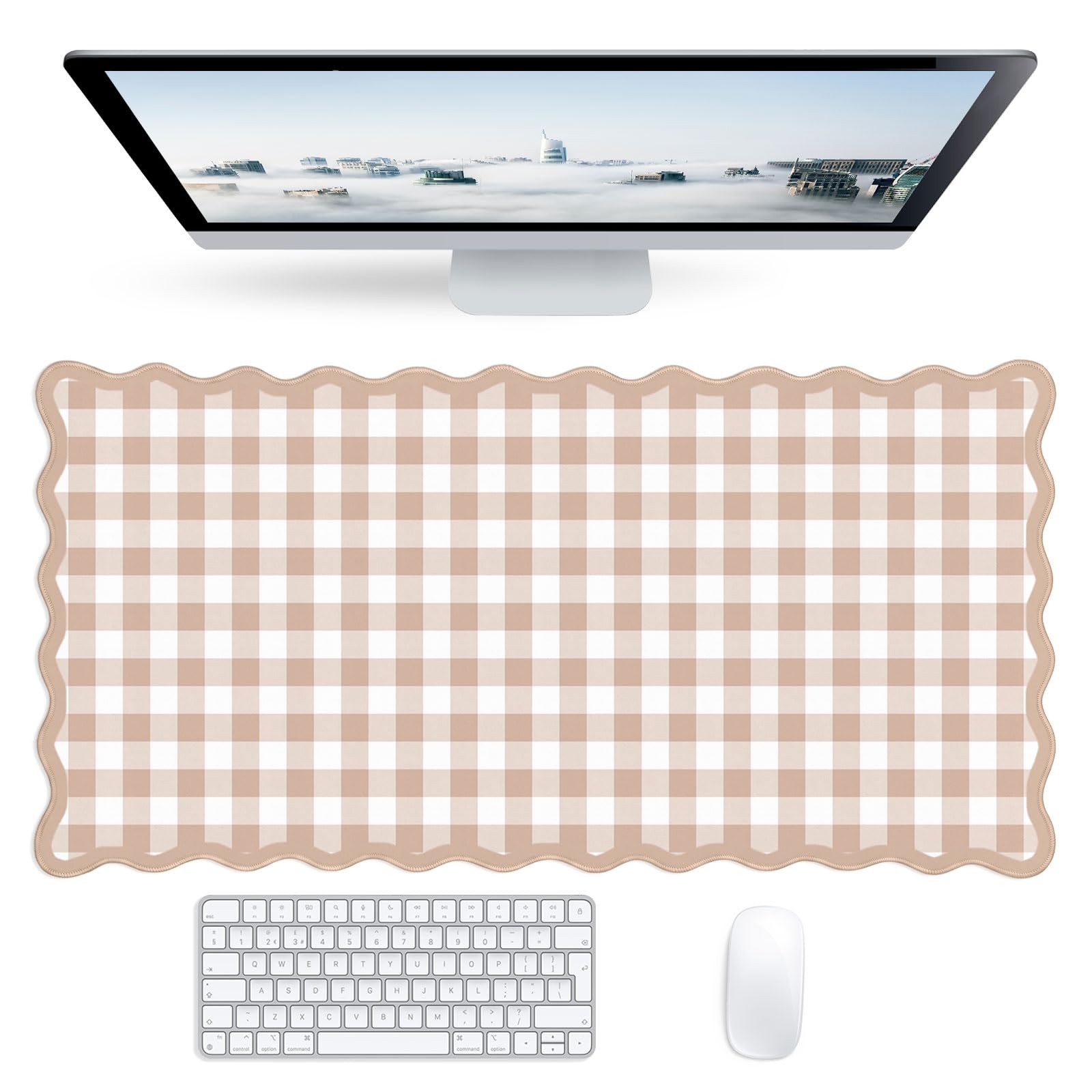 Scalloped Brown Checkered Desk Mat,Cute Gingham Large Pad Non-Slip Base,Aesth...