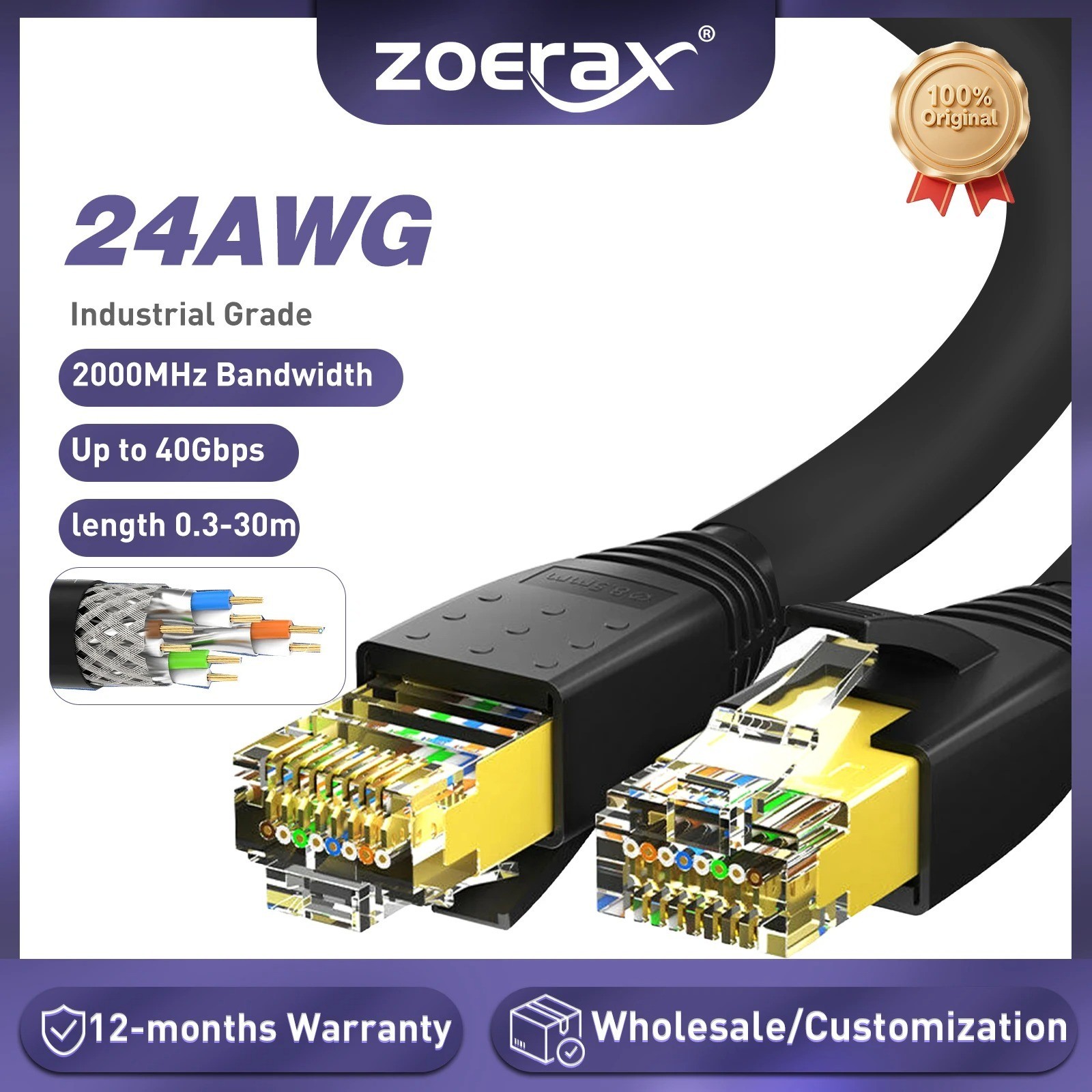 ZoeRax CAT8 Ethernet Cable 24AWG 40Gbps 2000Mhz 8m 10m 15m 20m 30m