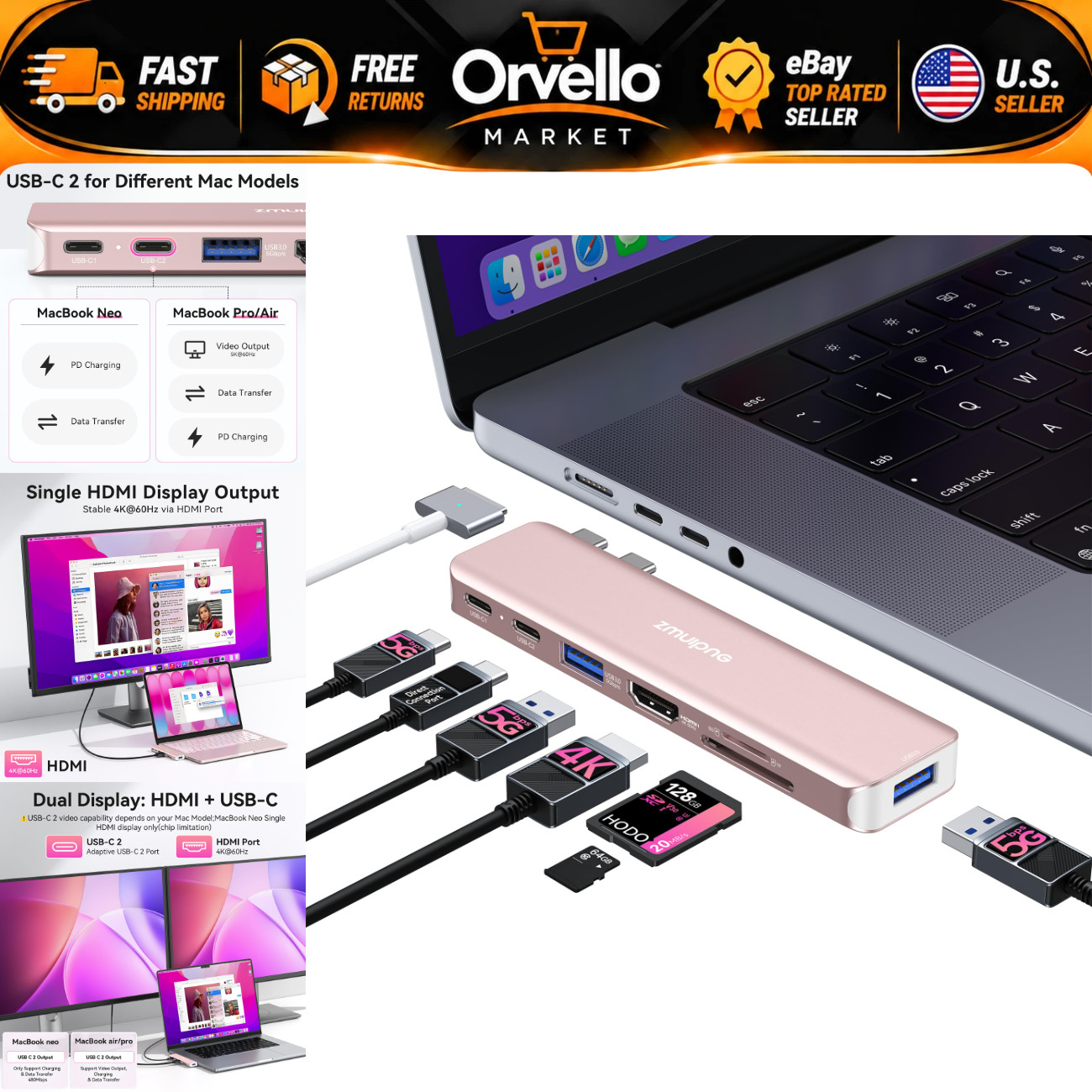 USB C Hub Adapter for MacBook Pro/Air 2018-2026, Multi-Port Connectivity, Fast D