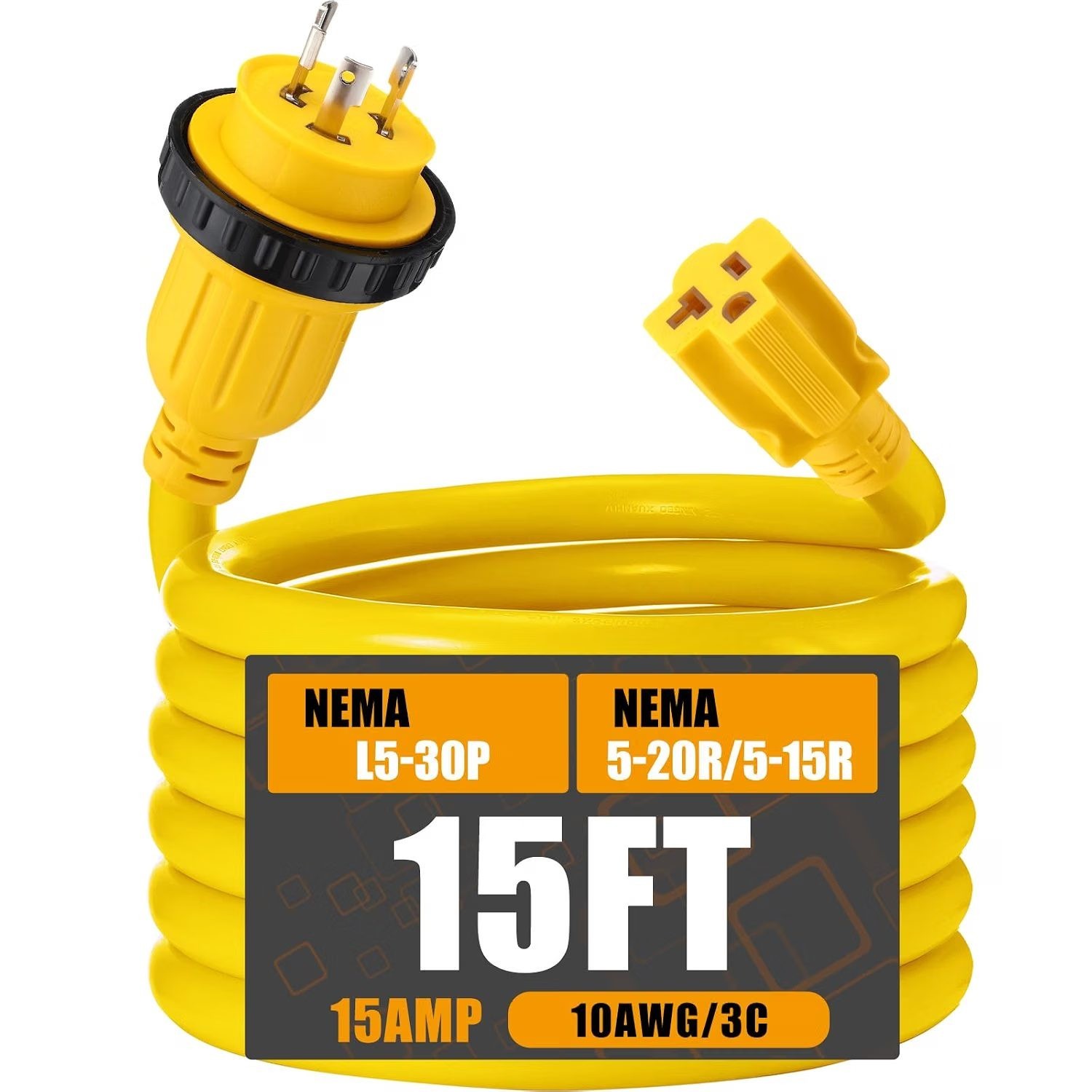 15FT 30A to 15A Marine Shore Power Adapter Extension Cord for RV Boat Camping