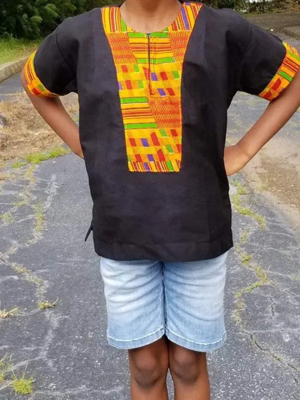 Black Dashiki Shirt with Kente Trim-DPC3256 | African Fashion | Dupsie's