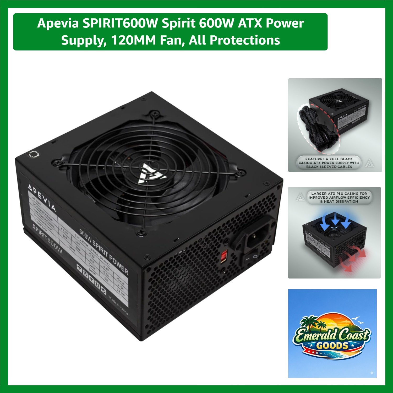 SPIRIT600W Spirit 600W ATX Power Supply, 120MM Fan, All Protections