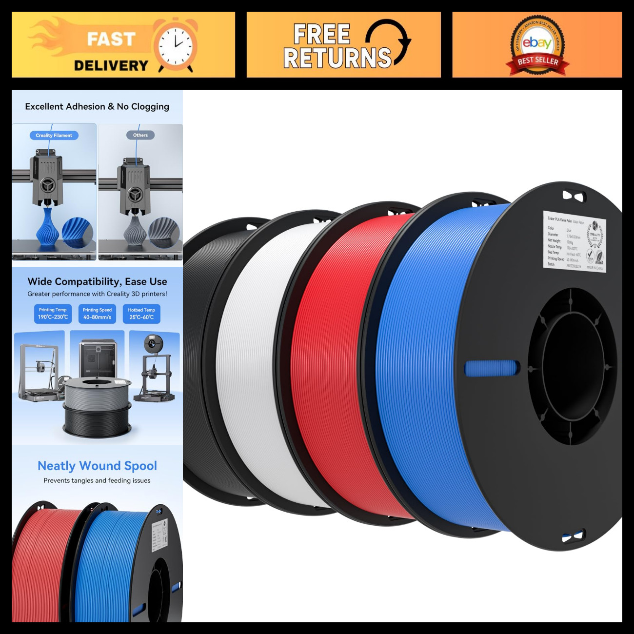 4KG PLA 3D Printer Filament, Black, White, Red & Blue - 4-Pack, High Quality, Ea