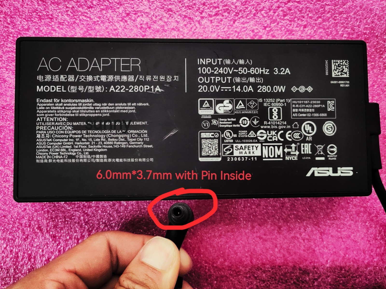 For ASUS ROG Strix G16 G614JVR14900 RTX4060 280W 20V 14A A22-280P1A Charger OEM