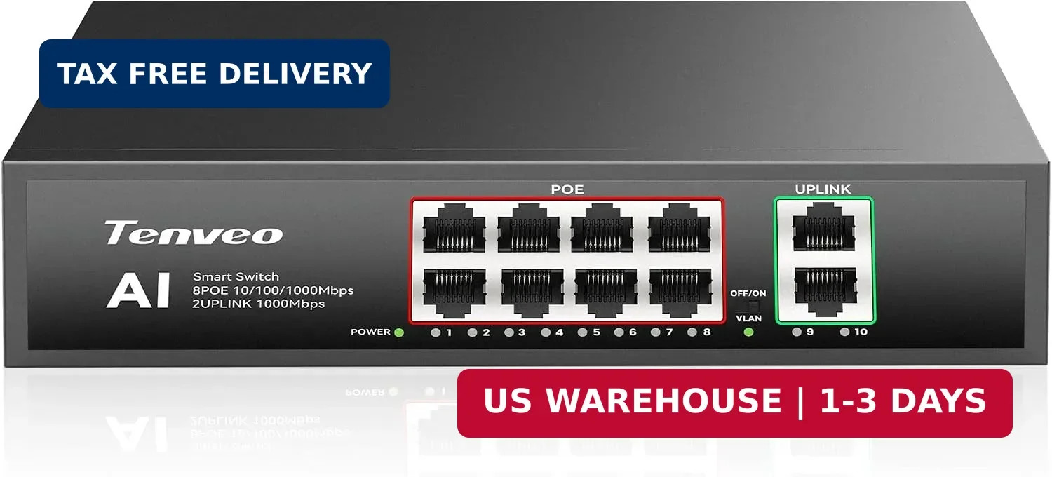 8 Port Full Gigabit PoE Switch, 8 PoE+ Ports @120W, 2*Uplink Port, Plug &