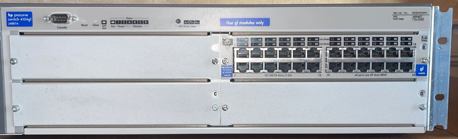 HP Procurve J4887A  4104GL Switch 24 ports Interface Ethernet RJ-45 ~10/100/1000