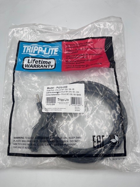 New Tripp Lite P019-008 Power Cord, C15 to 5-15P, 15A 125V 14AWG, 8ft