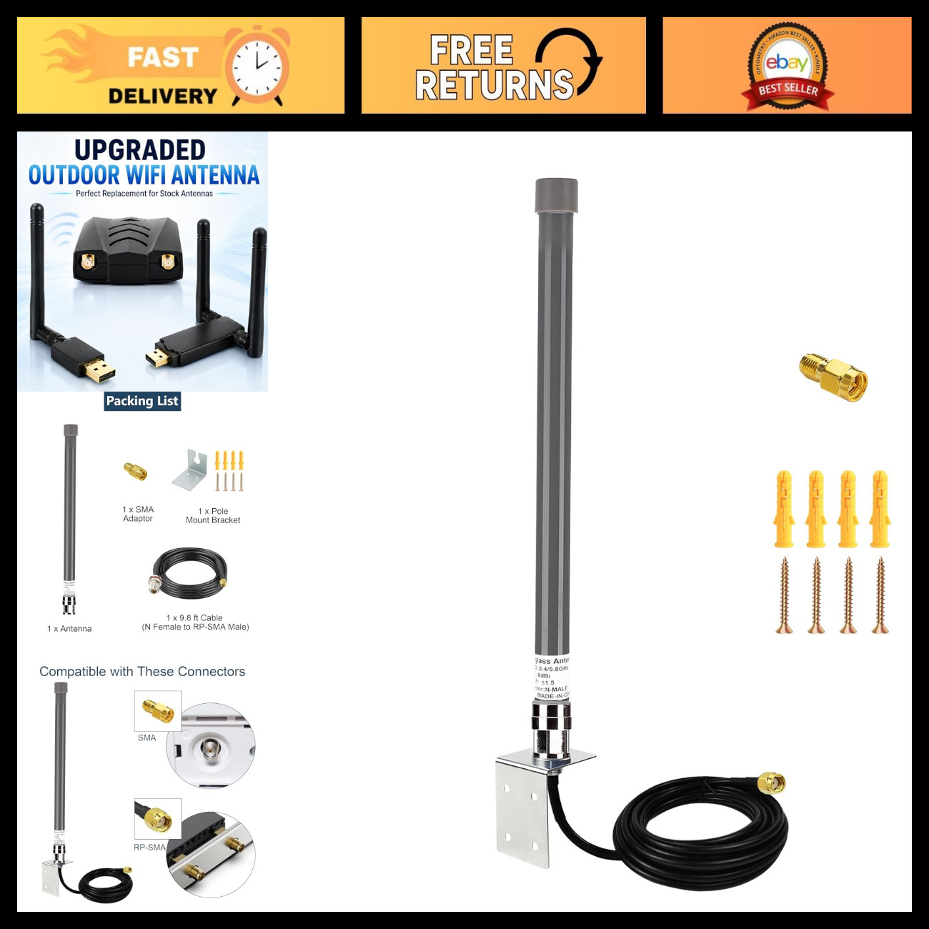 Outdoor Mini Omni WiFi Antenna 6dBi Dual Band 2.4G/5GHz N-Male RP-SMA + 9.8ft Ca
