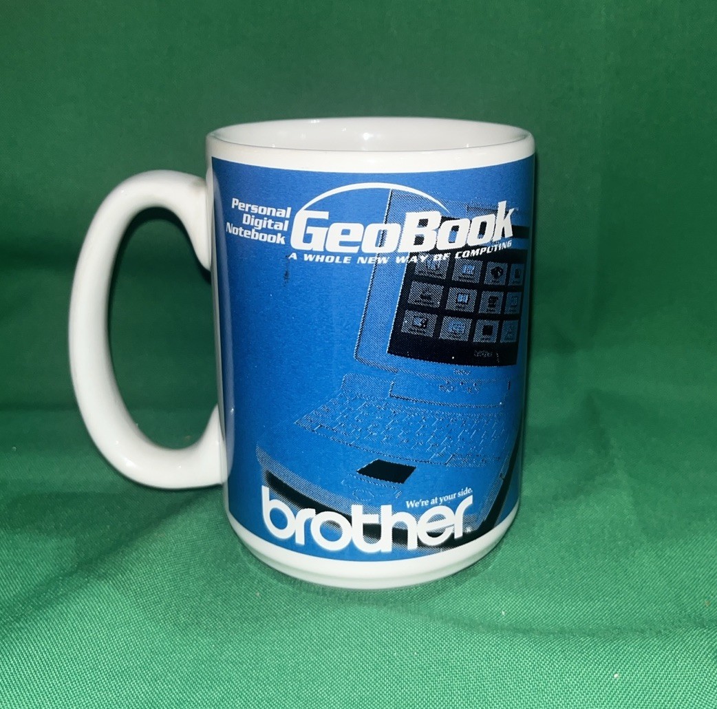 PERSONAL DIGITAL GEOBOOK NOTEBOOK COFFEE MUG BROTHER, VINTAGE 12 OZ.