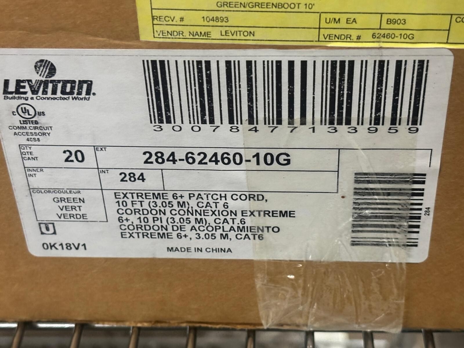 Lot of 20 Leviton 62460-10G Green Extreme 6+ Patch Cord, 10ft, Cat 6