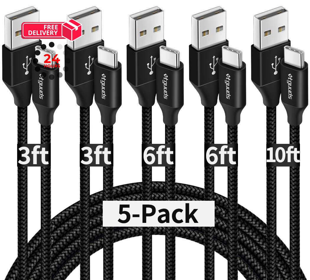 etguuds USB A to C Cable, 5-Pack (3/3/6/6/10 3FT 6FT 10FT, Black
