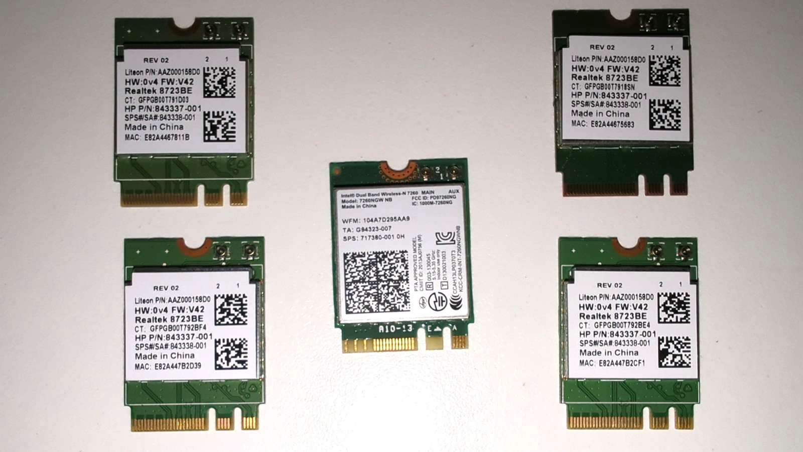 (For Parts) Lot of 5 Intel Wireless AC 7260 and Realtek 8723BE WLAN M.2 Modules