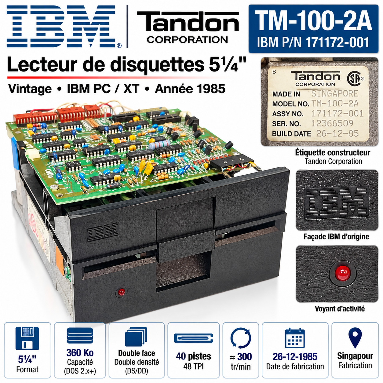 IBM Tandon TM-100-2A 171172-001 5.25" 360KB Floppy Disk Drive PC XT Vintage