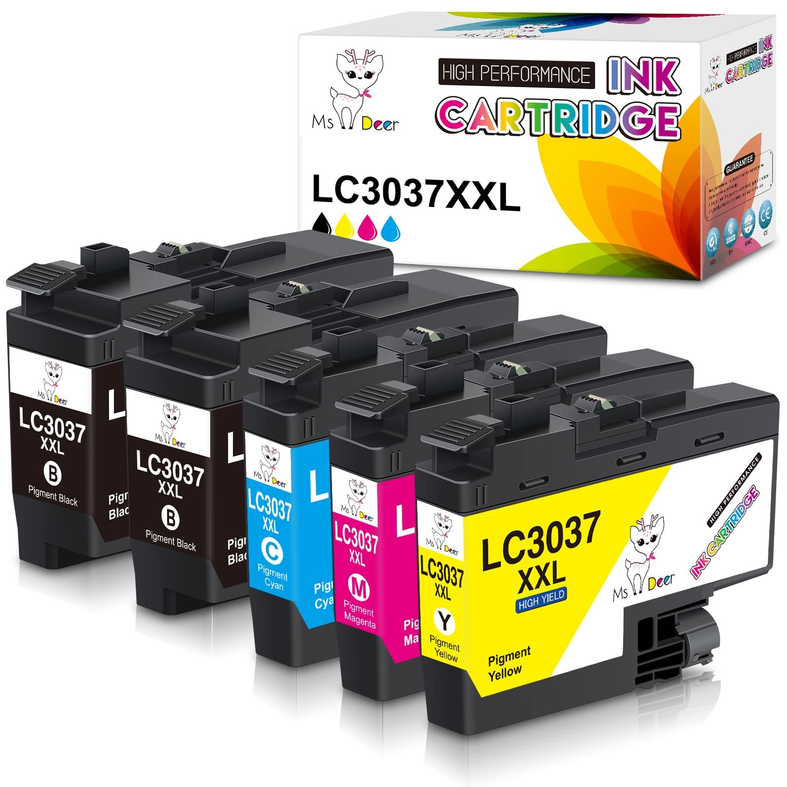Miss Deer LC3037 Ink Cartridges 5PK High Yield 2BK/C/M/Y Compatible Brother New