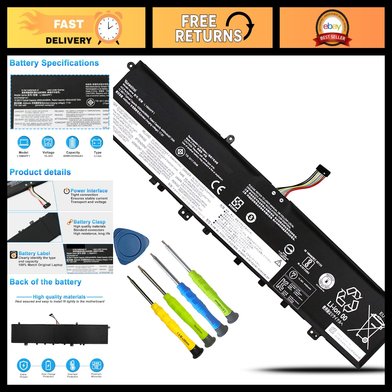 High-Capacity Laptop Battery for Lenovo Yoga C940-15IRH, L18M4PF1, L18D4PF1