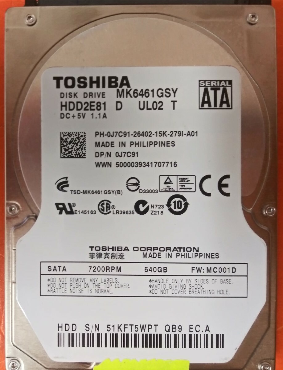 ⭐️⭐️⭐️⭐️⭐️ HDD Hard Drive SATA Laptop 2.5" Toshiba MK6461GSY 640GB J7C91