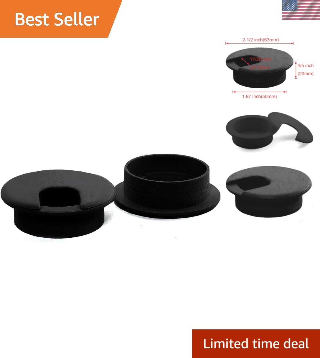 2-Pack Modern Black 2-Inch Desk Cable Grommets for Tidy Organizational Spaces