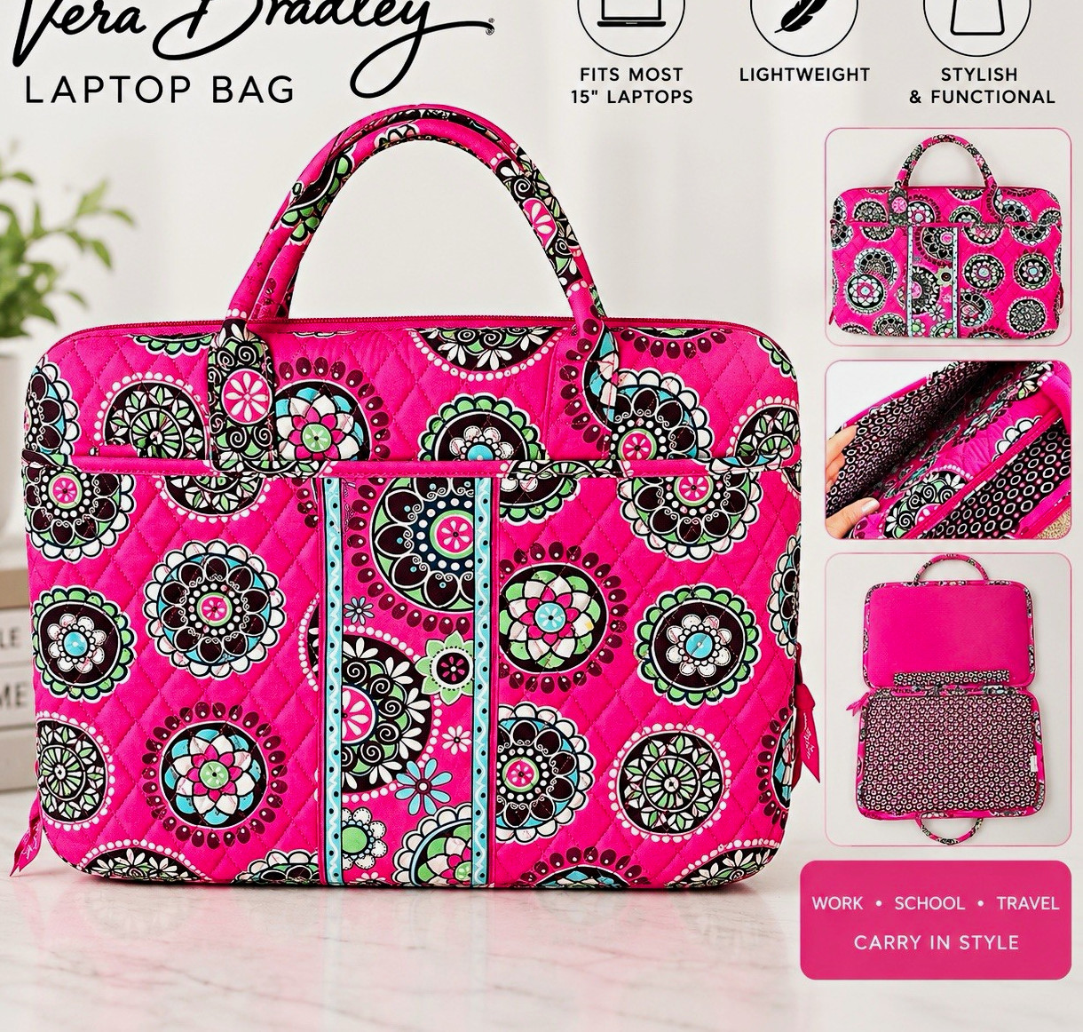 Vera Bradley Quilted Floral Laptop Bag Pink/Multicolor Lightweight Fits 15"