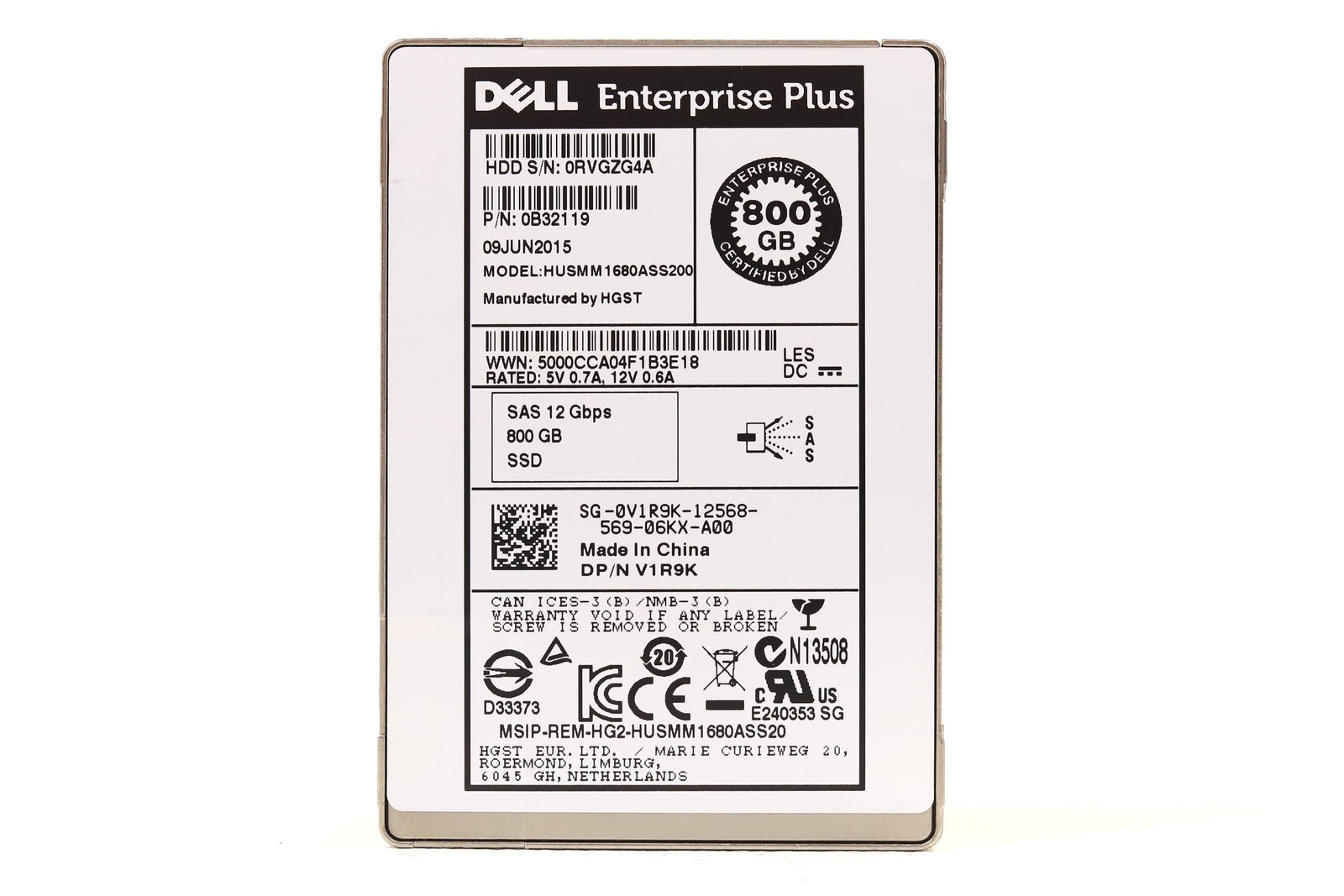 Dell HUSMM1680ASS200 800GB 2.5" 12Gb/s SAS Solid State Drive Dell P/N: 0V1R9K