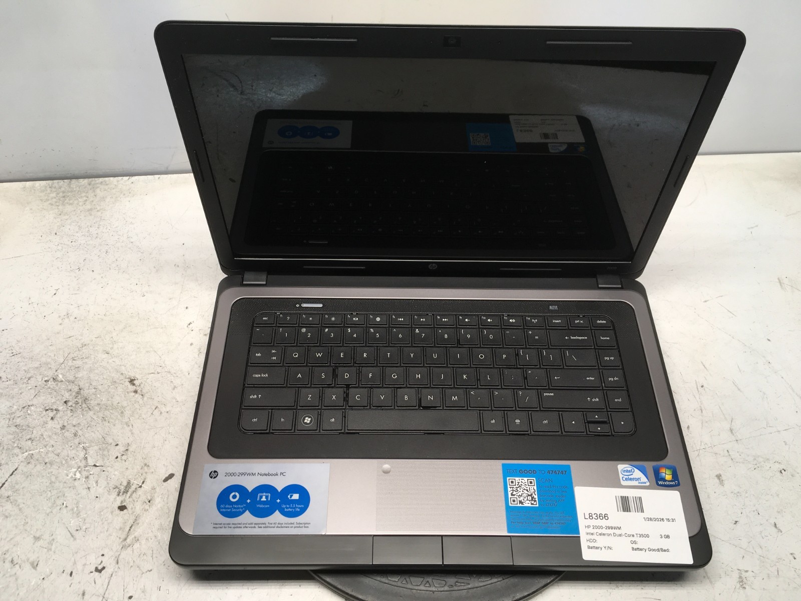 HP 2000-299WM Intel Celeron Dual-Core T3500 2100MHz 3 GB NO HDD