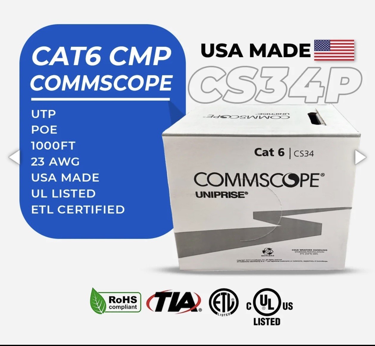 CommScope Uniprise Cat 6 UTP Bulk Ethernet Cable 1000 ft Black CS34 Raw