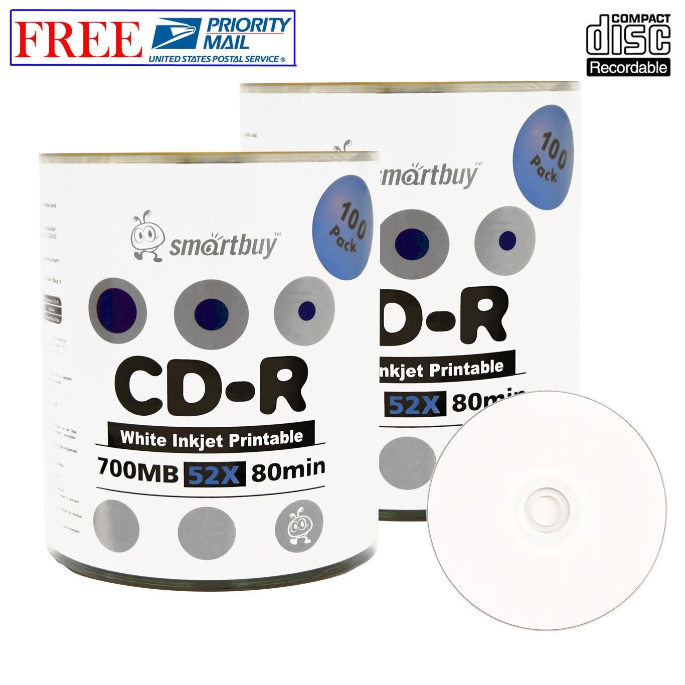 200 Pack Smartbuy CD-R 52X 700MB 80Min White Inkjet Printable Blank Record Disc