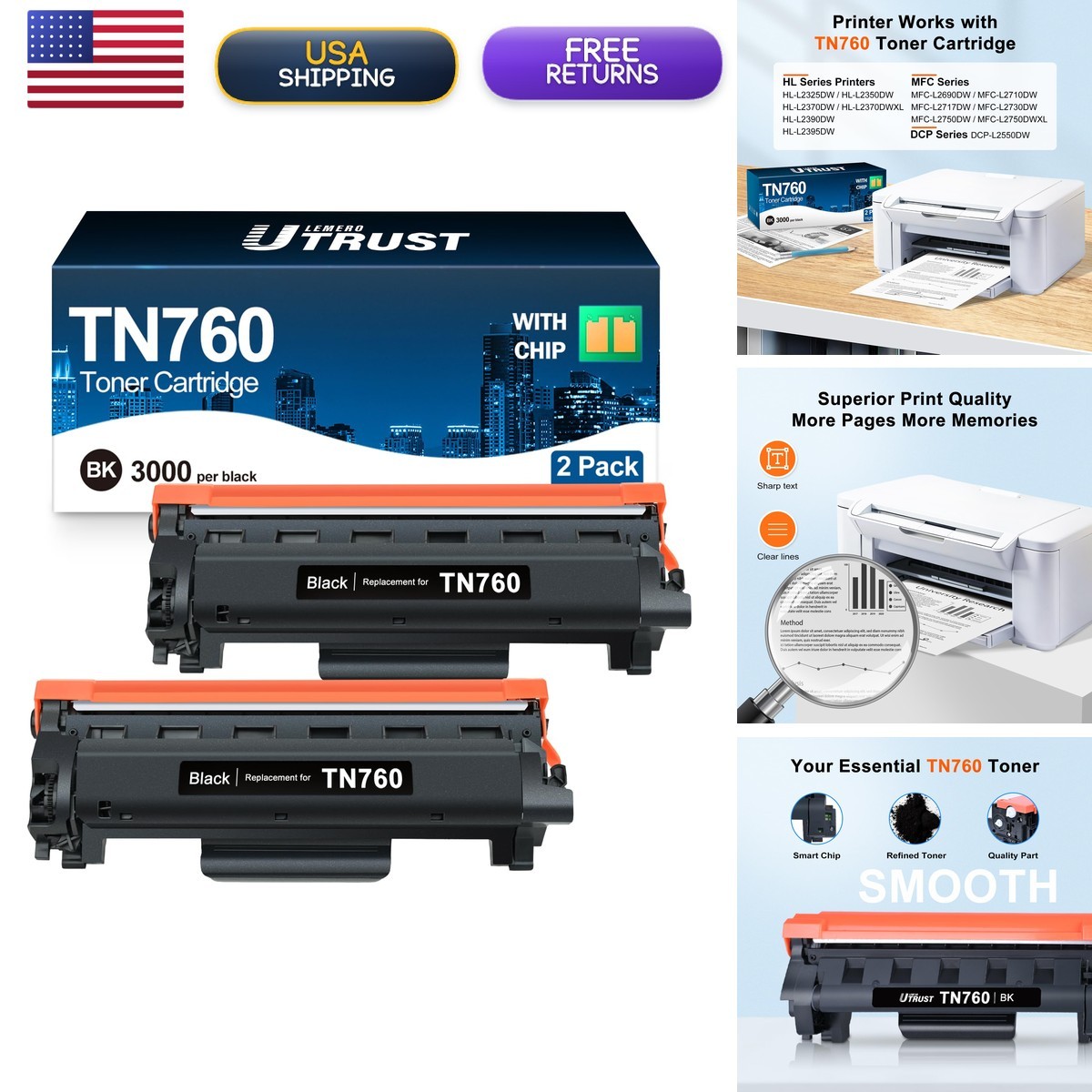 LEMERO UTRUST Compatible TN760 Toner for Brother HL-L2350DW 2-Pack