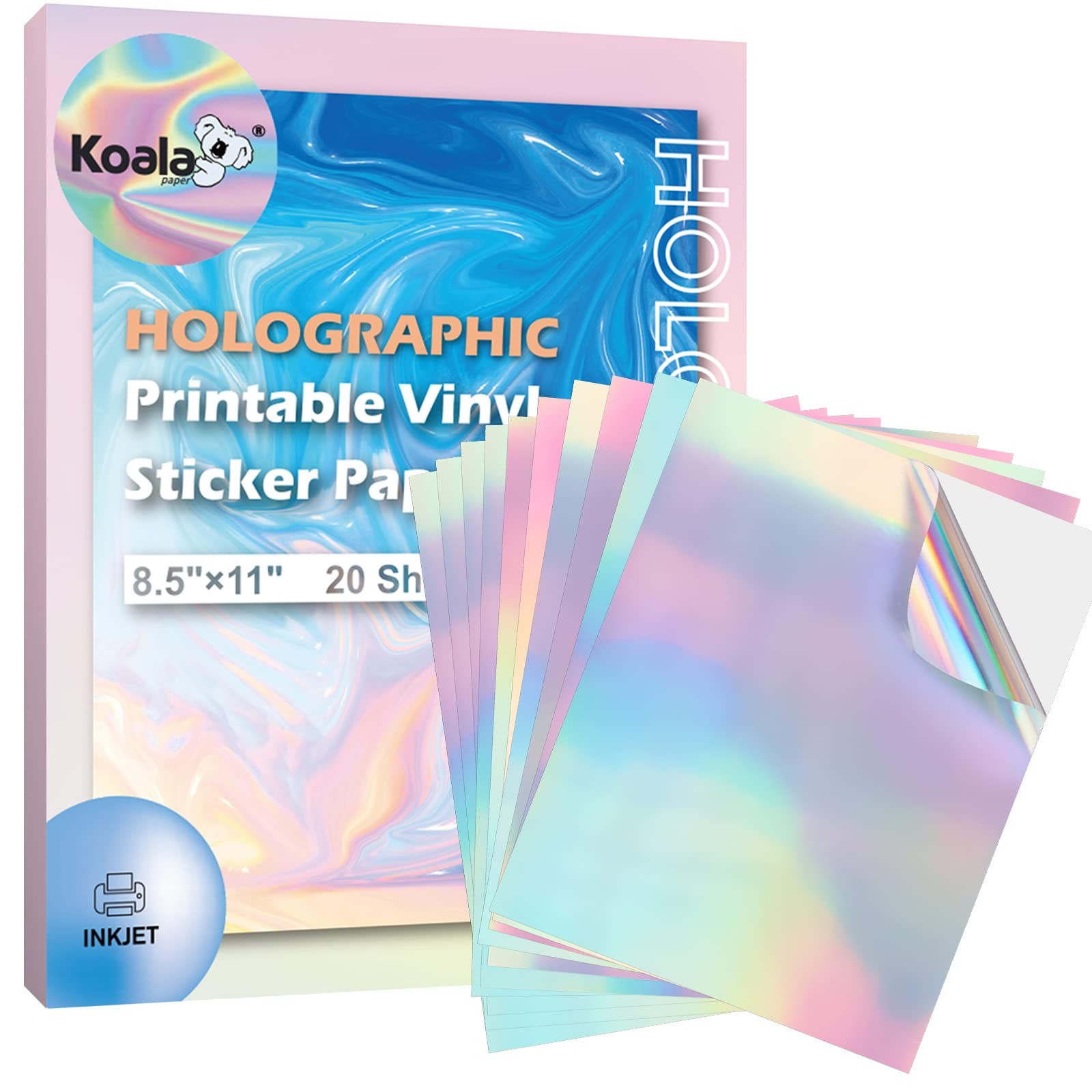 Koala Holographic Sticker Paper for Inkjet Printer - 20 Sheets 8.5x11 Inch, R...