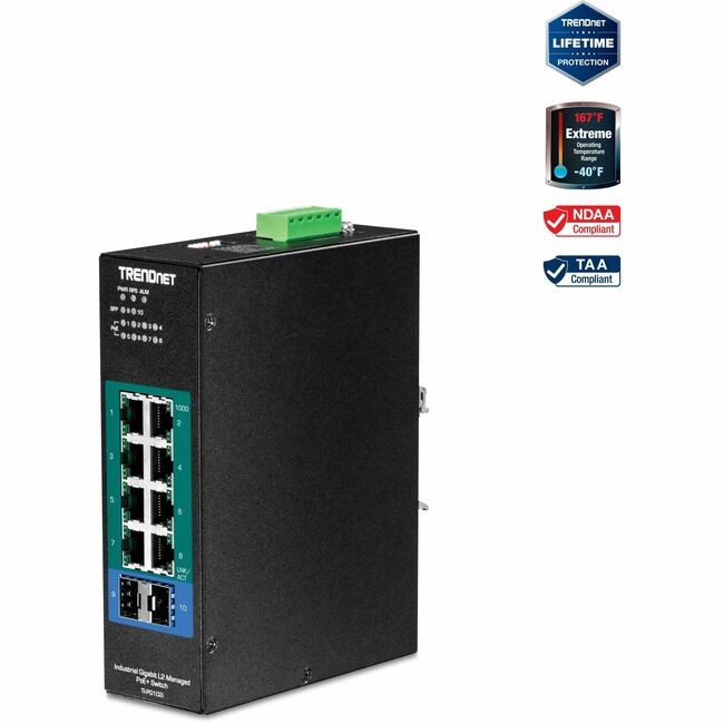 TRENDnet TI-PG102i 10-Port Industrial Gigabit L2 Managed PoE+ DIN-Rail Switch