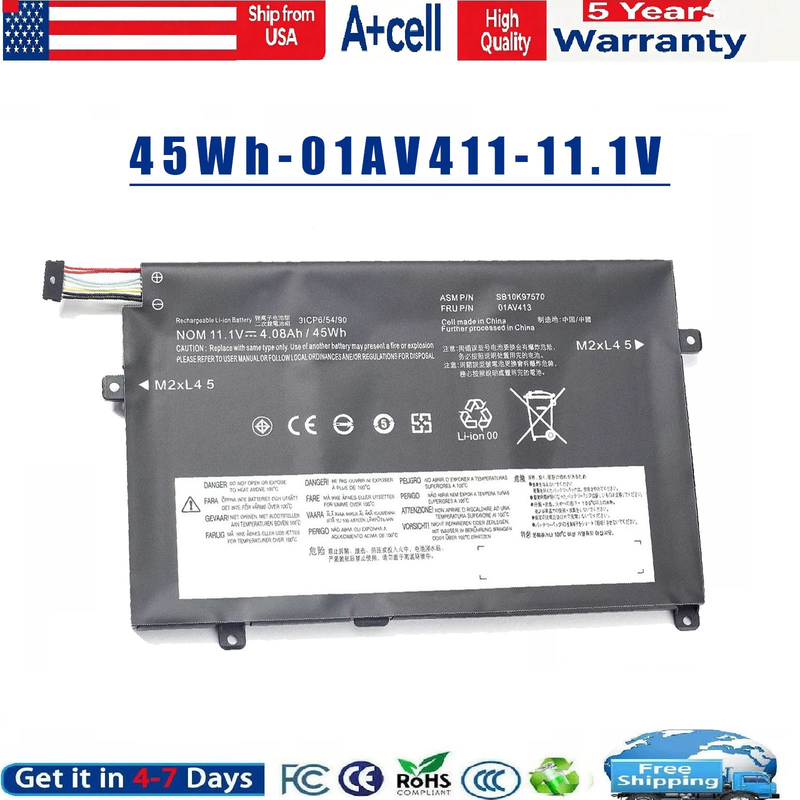 01AV411 01AV412 01AV413 Battery For Lenovo ThinkPad E470 E470C E475 SB10K97568