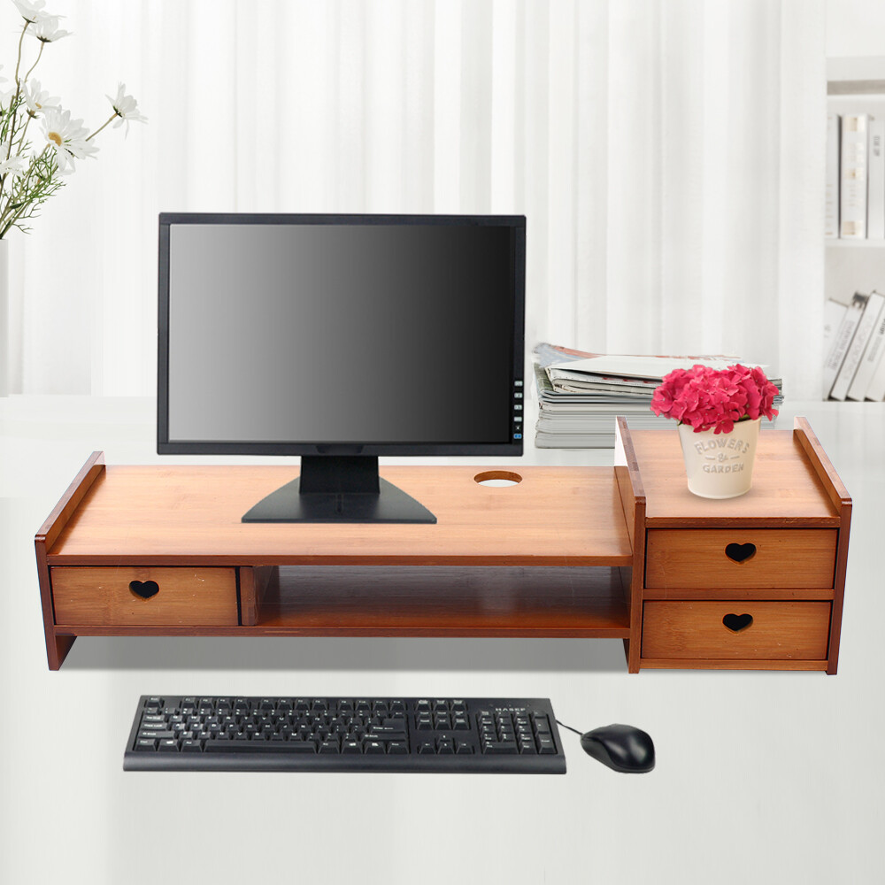 Sturdy Bamboo Wood Monitor Stand Riser w/ Drawer - Desk Storage Organizer Tool