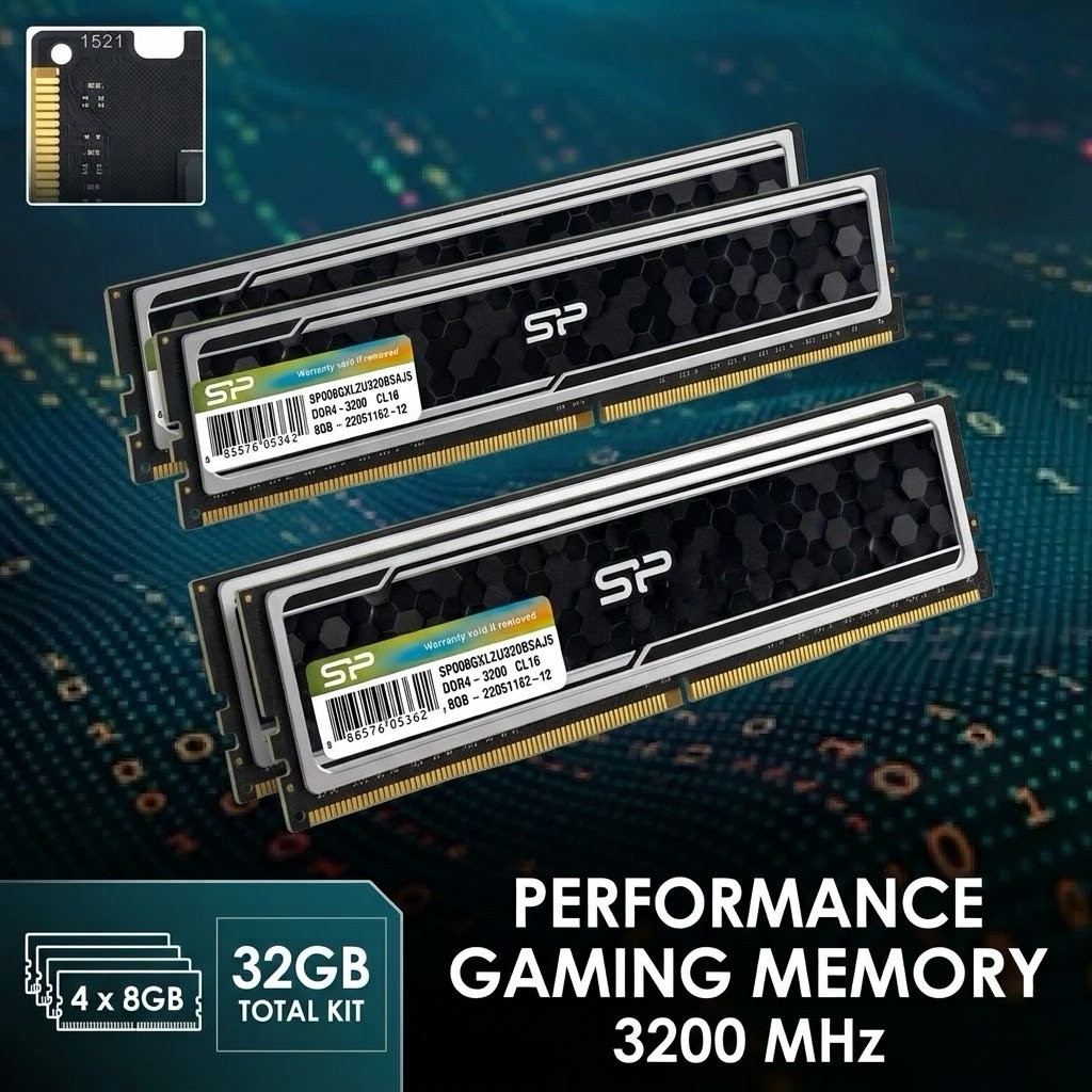 Silicon Power 32GB Kit 4x8GB DDR4-3200 CL16 UDIMM Desktop RAM SP008GXLZU320BSAJ5