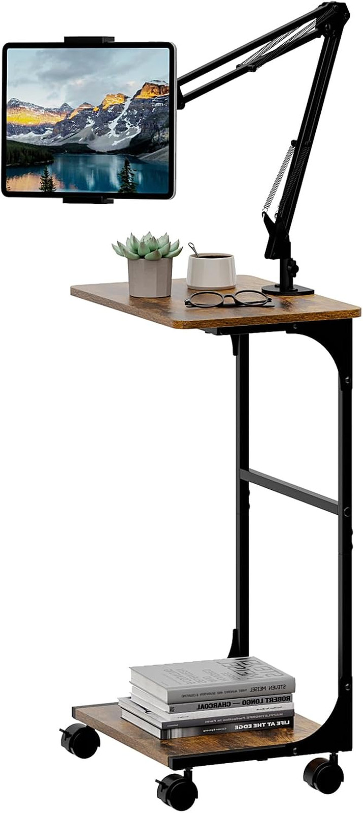 Floor Kindle Tablet Ipad Stand with C-Shaped Side Table, Angle Height Adjustable