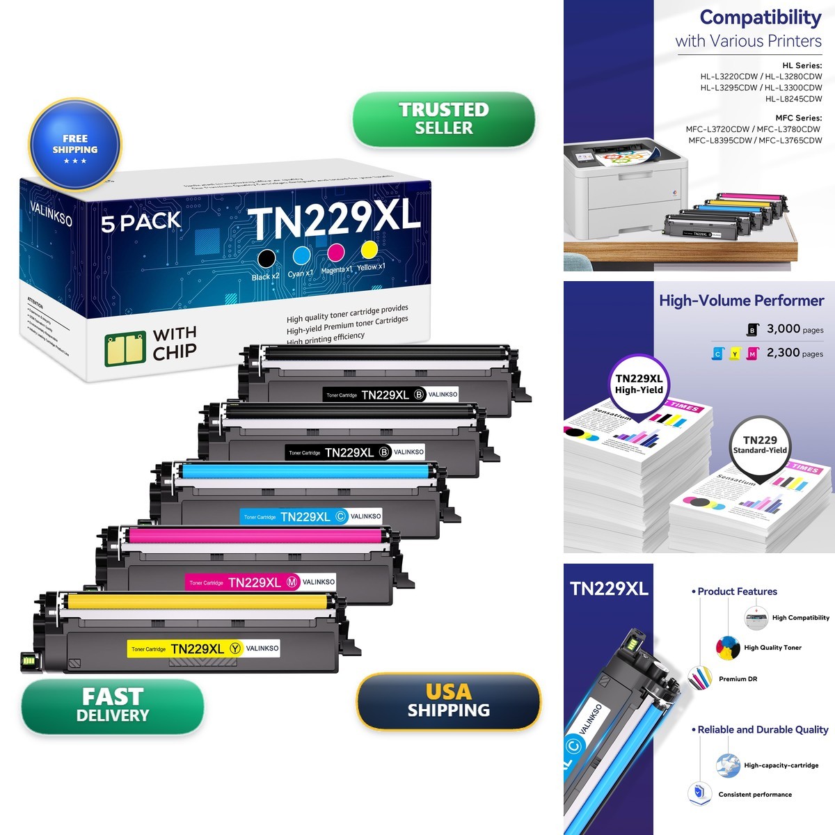 Valinkso TN229XL TN229 Toner Cartridge 5 Pack for Brother MFC-L3780CDW