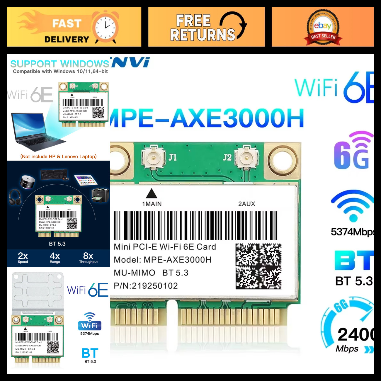 WiFi 6E Mini PCI-E Card 5374Mbps, Bluetooth 5.3, 802.11AX, Dual Band Adapter