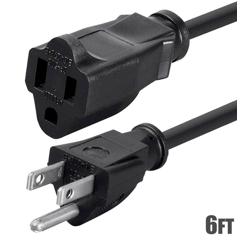 6ft Power Extension Cord Cable 3-Prong AC US Grounded NEMA 5-15P to 5-15R 16AWG