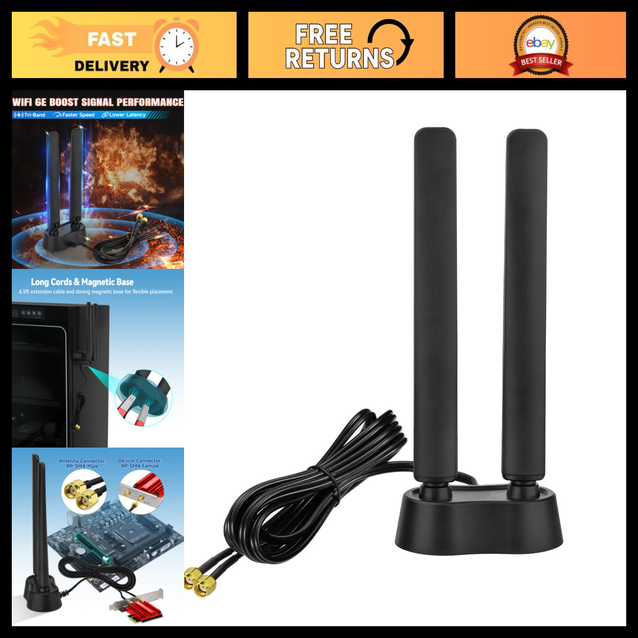 High-Gain 9dBi WiFi 6E Antenna, Tri-Band 2.4GHz 5GHz 6GHz, Magnetic Base