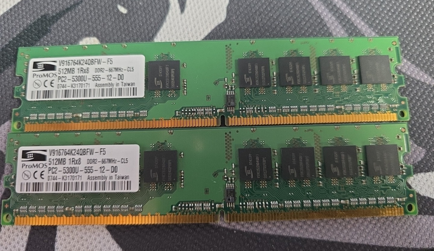 ProMOS 512MB X2 1GB Memory Ram 1RX8 PC2 5300U-555-12-D0 V916764K24QCFW-F5 DDR2