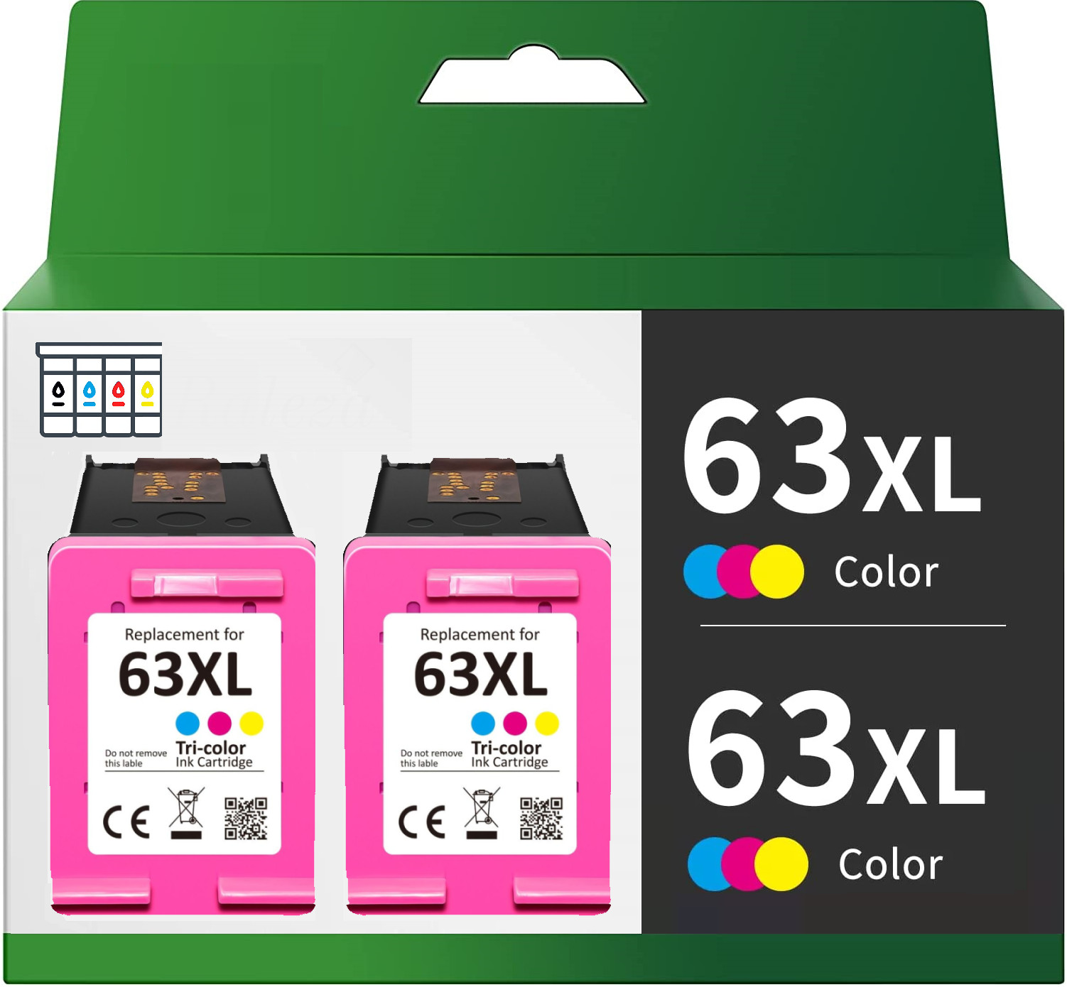 2pk Replacement Tri-color Ink Cartridge for HP 63XL 4512 4516 4652 4655