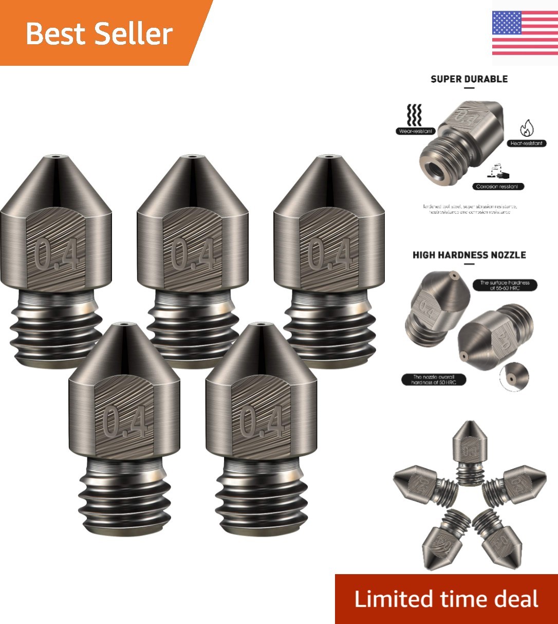 5 Pack of 0.4mm Hardened Steel MK8 Nozzles – Compatible with Major 3D Printers