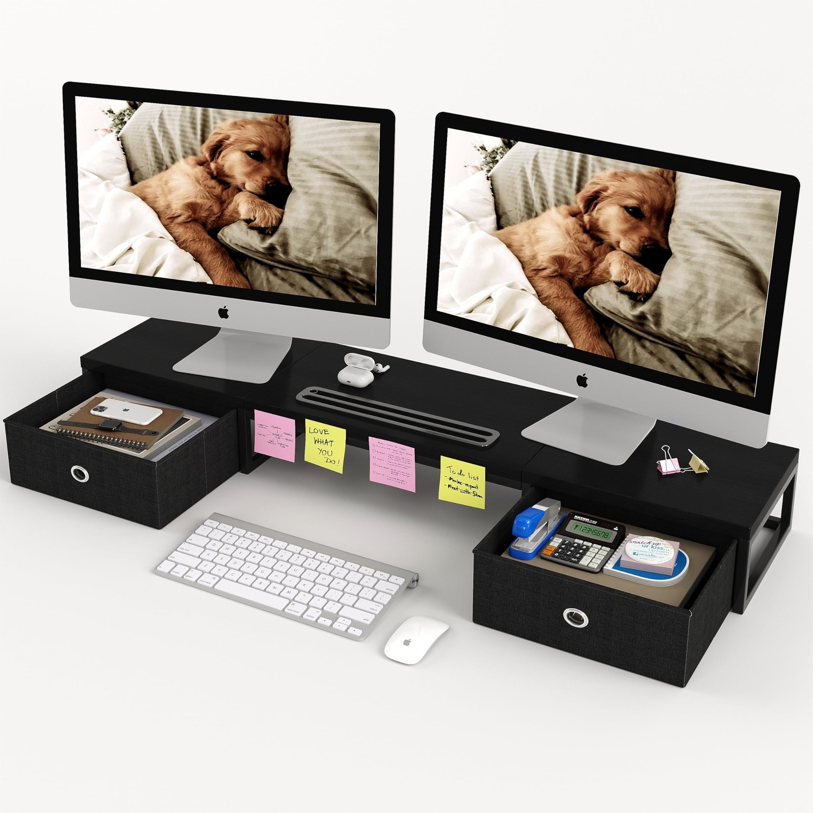 39 Inch Dual Monitor Stand Riser with 2 Drawers  Large Black Wooden Computer ...
