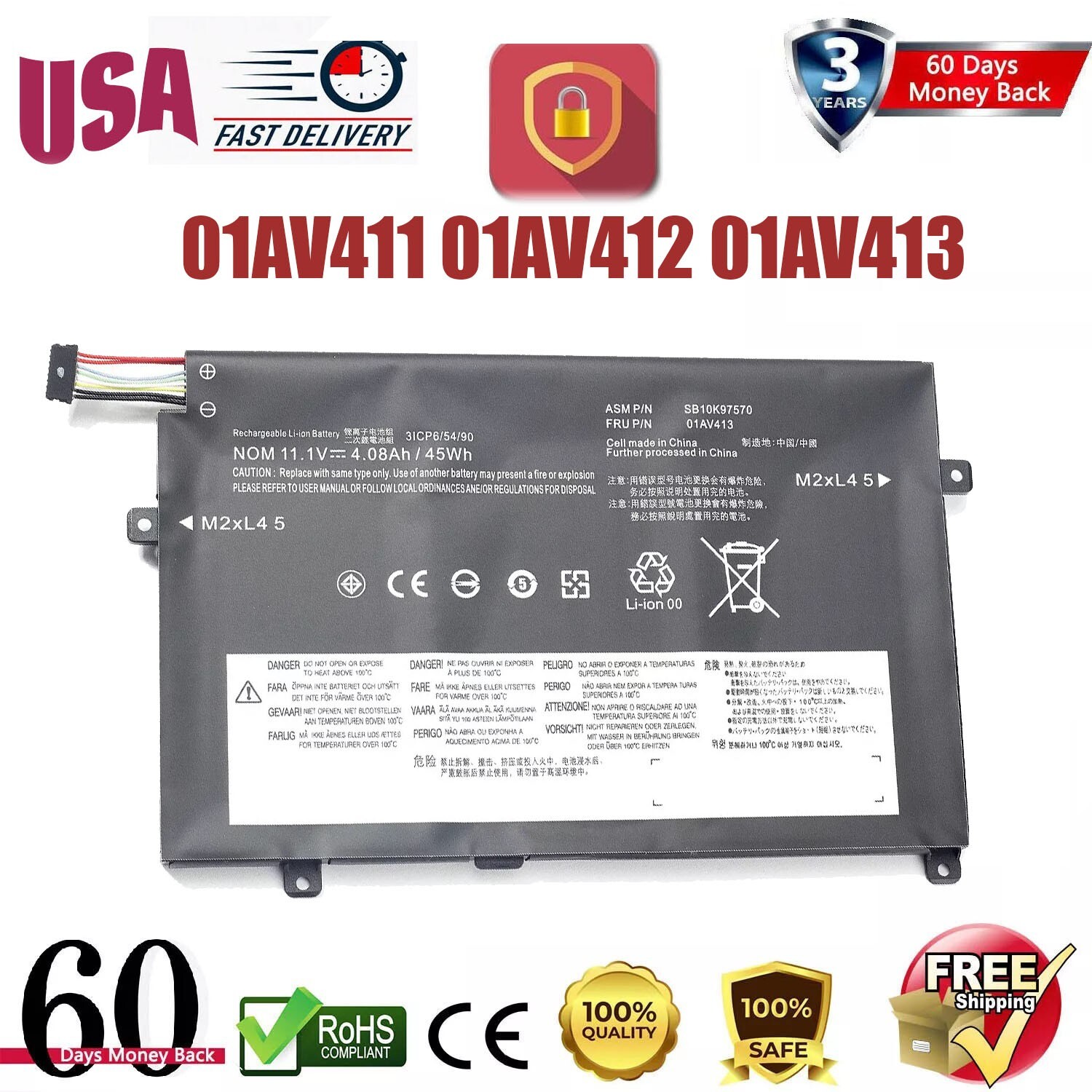 01AV411 01AV412 01AV413 Battery For Lenovo ThinkPad E470 E470C E475 SB10K97568