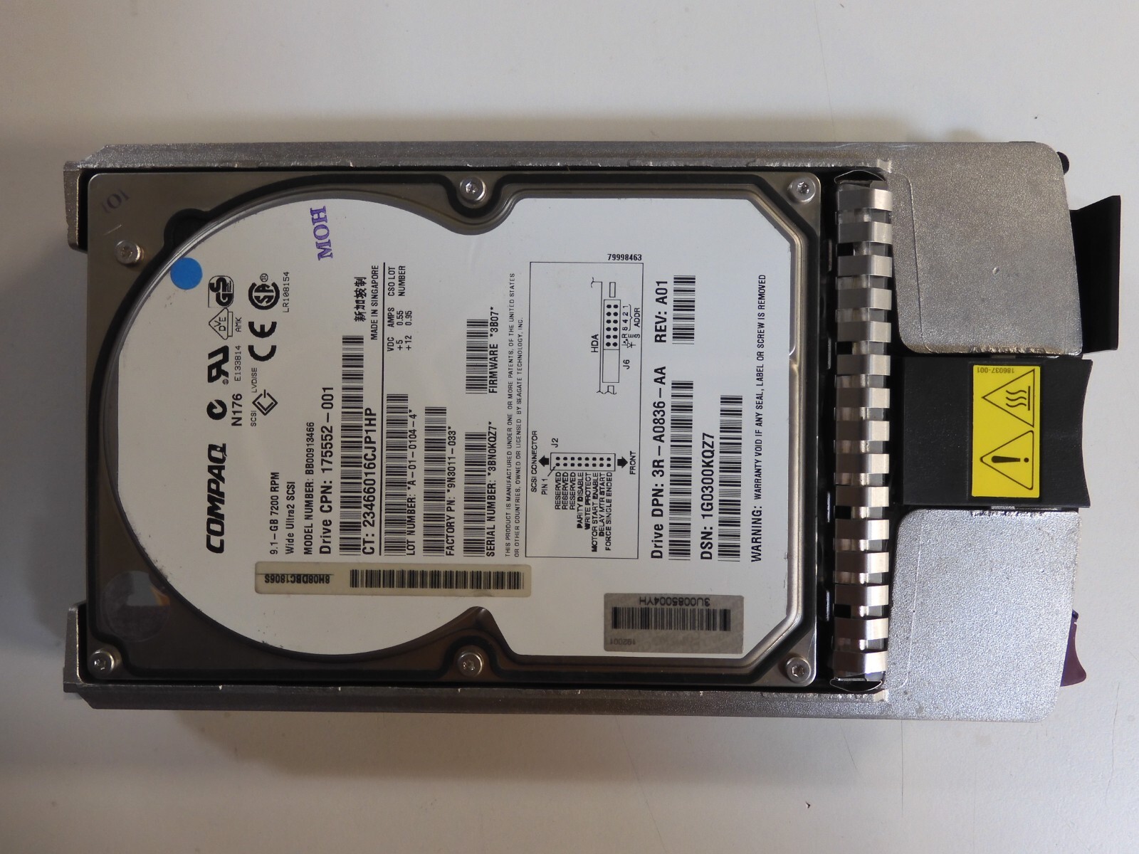 9.1gb u2 scsi hdd, bb00913466, 175552-001, 9n3011-033, fw 3b07, 3r-a0836-aa, 10