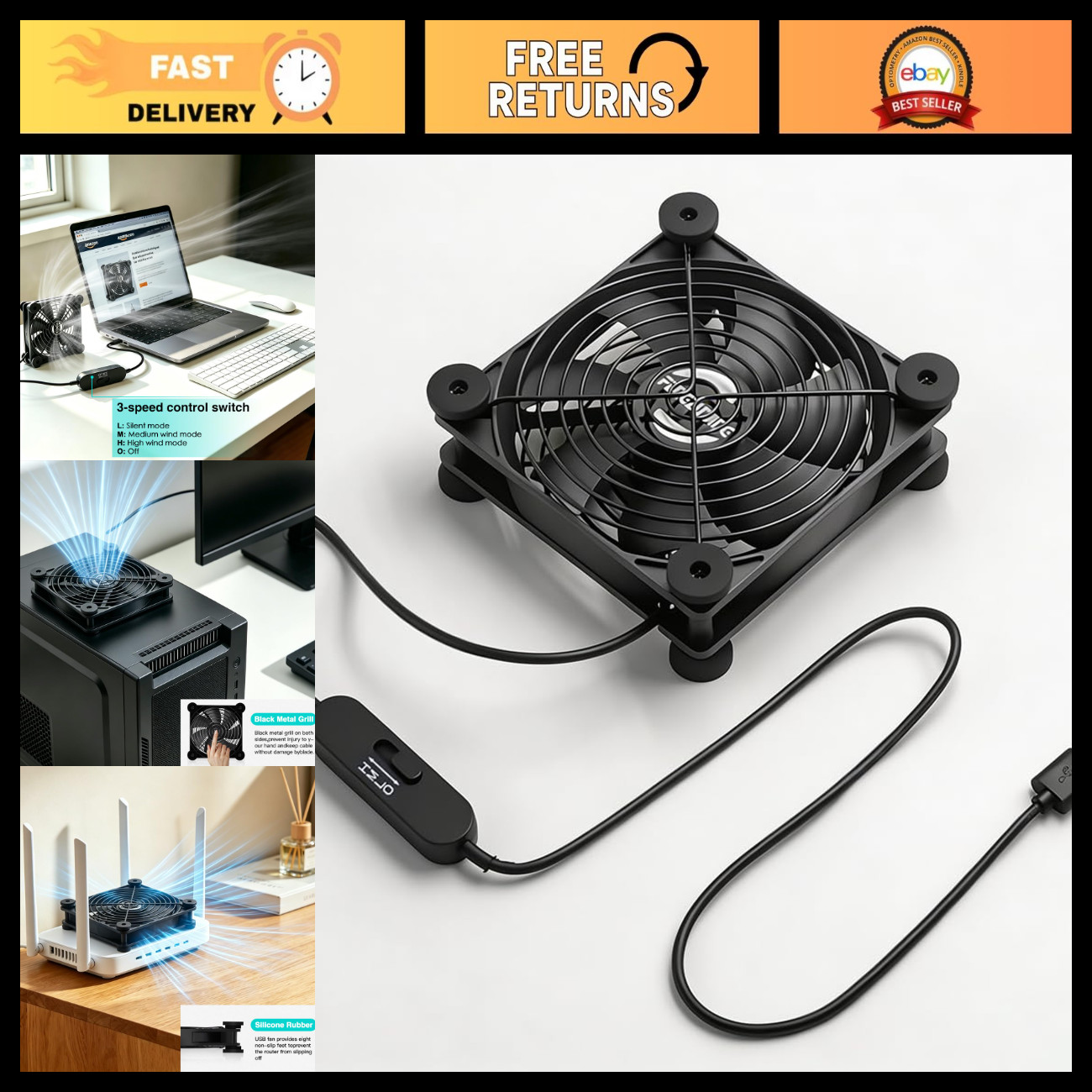 120mm USB Cooling Fan, 5V/12V, 3-Speed, Ultra Quiet 18dB, for PC & Router