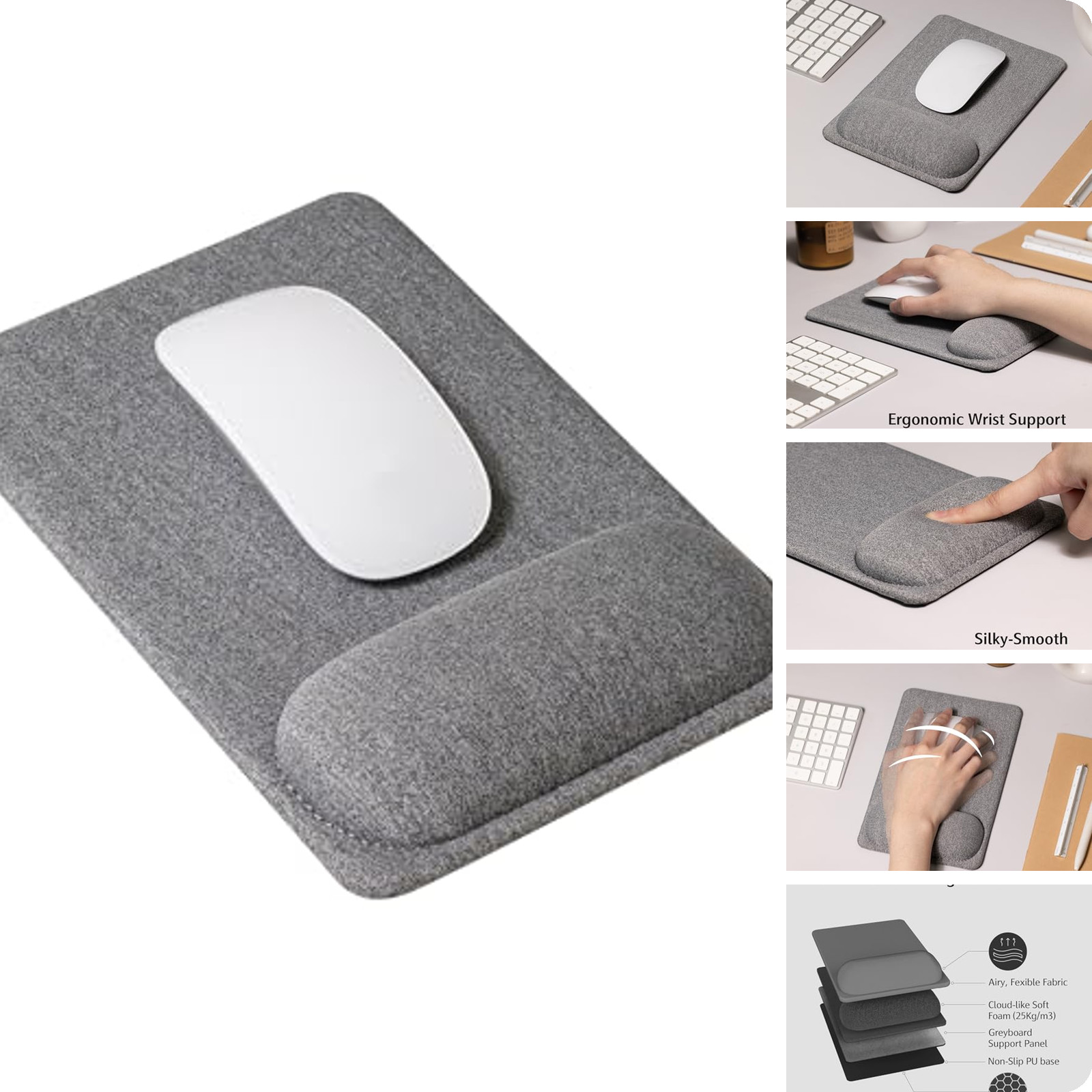 SenseAGE Ergonomic Mouse Pad with Wrist Rest - Grey Non-Slip Polyurethane
