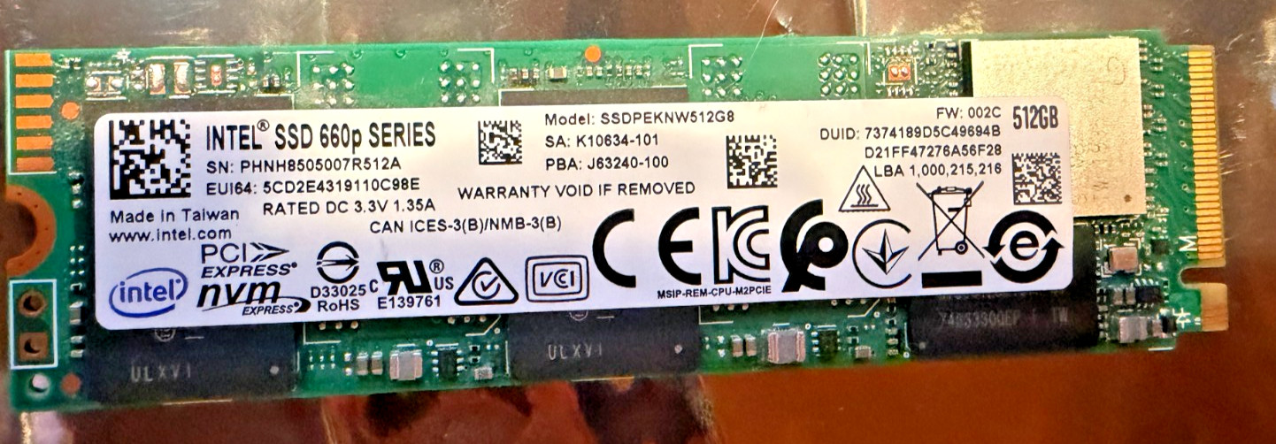 Intel 2280mm 660p Series 512GB M.2 NVMe Gen 3.0 x 4 SSD SSDPEKNW512GB