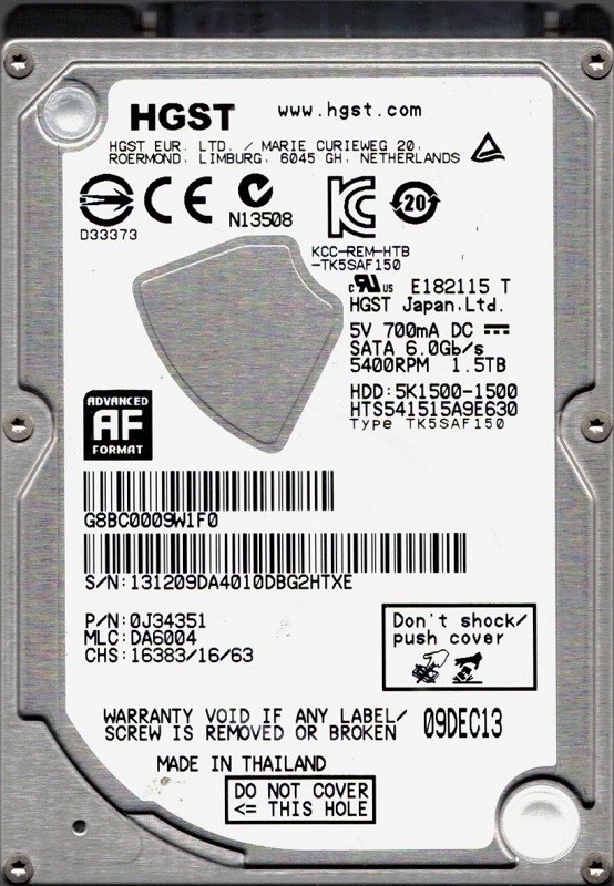 HGST HTS541515A9E630 P/N: 0J34351 MLC: DA6004 1.5TB